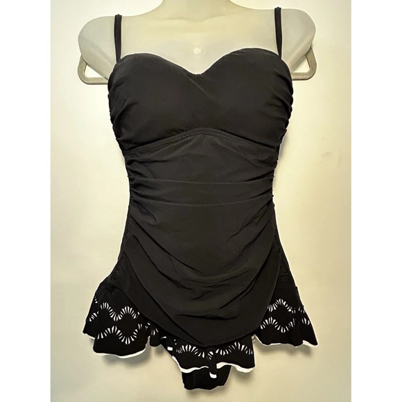 Profile By Gottex Bandeau Swimdress Womens Swimsuit 8 Black One piece Laser Cut - Picture 6 of 14